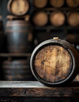 Rustic wooden wine barrel on vintage table against blurred cellar background with stacked casks, moody atmospheric lighting highlights aged wood texture.