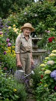 Senior Caucasian woman gardener in straw hat tending colorful flower garden with watering can among blooming roses, lavender and hydrangeas in summer backyard.