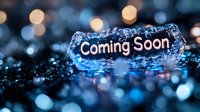 Glowing coming soon text on frozen ice crystal background with blue bokeh lights and water drops creating magical winter atmosphere.