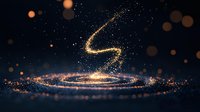 Magical glowing spiral trail of golden sparkles and light particles swirling in dark space with bokeh effect, creating mystical energy flow pattern.