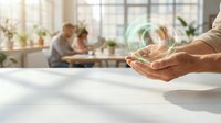 Hands holding a glowing green circular hologram in a bright modern office with colleagues working in the background, symbolizing innovation.