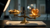 Golden brass balance scale weighing money coins against glowing heart symbol representing choice between wealth and love on wooden surface.