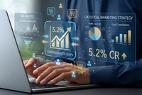 Business professional analyzing digital marketing analytics dashboard with conversion rate graphs and statistical data on laptop screen.