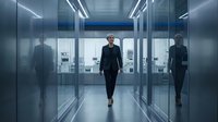 Businesswoman in dark formal attire walking through modern glass corridor with reflections in contemporary office building hallway environment.