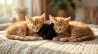 Three adorable kittens sleeping peacefully together on cozy knitted blanket in warm sunlit room. Two orange tabby cats cuddling with black kitten for pet care.
