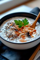Creamy seafood chowder garnished with fresh parsley, black sesame seeds and salmon pieces in white ceramic bowl, served with wooden spoon on dark surface.
