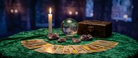 Mystical fortune telling setup with tarot cards, crystal ball, candle and ornate box on emerald velvet table creating atmospheric divination scene.