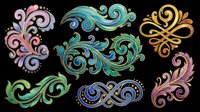 Ornamental flourish elements in purple, blue, green, and gold with swirling scrollwork designs. Isolated on transparent background, ready for clipart, t-shirt design, stickers, sublimation, and print-on-demand projects.
