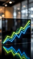 Glowing neon growth chart with upward trending arrows in modern office environment showing business success and financial progress for corporate presentations.