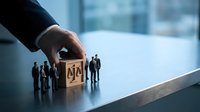 Business hand placing wooden block with dollar sign among miniature people figures representing financial leadership and corporate decision making.