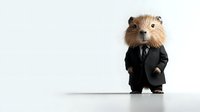 Stylish capybara wearing formal black business suit and tie stands confidently on white background, ready for corporate success. Isolated character for creative design.