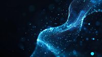Glowing blue digital wave with particles flowing across dark background, representing data stream, technology, innovation, and futuristic concepts for web design and digital marketing.