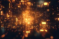 Abstract digital network with glowing orange particles and light trails forming futuristic grid pattern against dark background, creating depth and perspective.