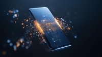 Modern smartphone with glowing digital particles and light effects floating around device on dark background, representing mobile technology and innovation.