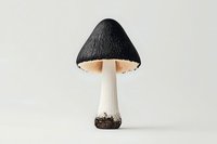 Black and white mushroom with textured cap and slender stem on light background, isolated studio shot for nature and botanical design projects.