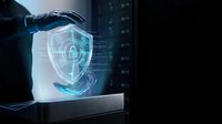 Robotic hand holding glowing digital security shield with padlock icon and data streams, representing cybersecurity protection and artificial intelligence technology for business networks.