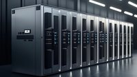 Modern server room with rows of black network cabinets illuminated by overhead lights, showcasing advanced data center infrastructure and computing power.