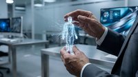 Businessman holding digital holographic network connection with glowing lines and nodes in modern office environment for technology and innovation concepts.