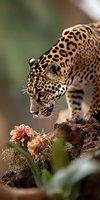 Curious jaguar sniffing pink roses on mossy log, close-up portrait showing detailed spotted coat pattern and intense gaze against blurred natural background.
