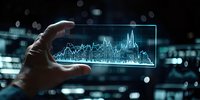 Hand holding transparent digital financial chart with glowing market data analysis and stock trading graph against blurred technology background with bokeh lights.