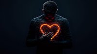 Glowing fiery heart shape floating between hands of person in dark clothing against black background, magical light effect creating romantic atmospheric scene.