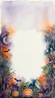 Watercolor Halloween frame with pumpkins, bats, spider webs, ghosts and autumn leaves creating spooky border with copy space for seasonal designs.