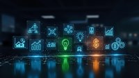Digital business icons floating above reflective surface with glowing effects representing innovation, finance, analytics and technology concepts.