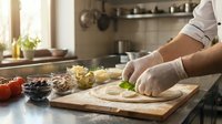 Professional chef in white uniform and gloves slicing fresh cucumber on wooden cutting board in modern commercial kitchen for culinary preparation.