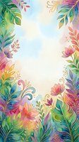 Watercolor floral frame with colorful tropical leaves, pink flowers, and gold details on a soft pastel background, perfect for cards and invitations.