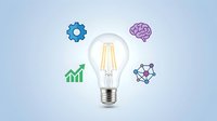 Vintage light bulb with colorful icons representing innovation, growth, brain power and networking on clean gradient background for business concepts.