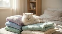 White fluffy cat resting on stack of folded knit sweaters and blankets in bright bedroom with natural light and wooden furniture.