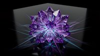 Purple crystal flower with geometric petals radiating light beams on reflective surface against dark background for luxury jewelry design concepts.