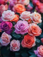 Vibrant roses in shades of pink, coral, and purple bloom against dark green foliage, creating a romantic garden composition with soft petals and delicate details.