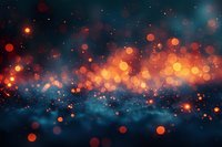 Abstract bokeh lights in dark blue and orange tones creating magical atmospheric background with glowing particles and blurred circles.