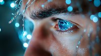 Close-up of eye with blue bokeh lights reflection, magical fantasy atmosphere created by glowing sparkles and dreamy illumination for creative portrait photography.