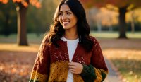 Young Hispanic woman wearing colorful knitted cardigan smiling outdoors in autumn park with warm golden sunlight and blurred fall foliage background.