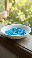 Blue gel capsules in white ceramic bowl on wooden table with natural green bokeh background for health and wellness concepts.