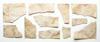 Collection of aged torn paper pieces with coffee stains and burnt edges isolated on white background for vintage design projects and scrapbooking.