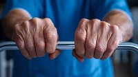 Elderly person's wrinkled hands gripping walker or mobility aid against blue clothing background, representing senior care, independence and aging support.