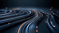 Glowing curved lines with orange light dots create futuristic technology pattern on dark background, abstract digital network concept for connectivity design.