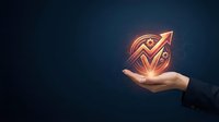 Businessman hand holding glowing neon upward arrow with dollar sign symbol, representing financial growth, success, and profit increase for business presentations.