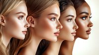 Side profile portraits of women with diverse skin tones showing natural beauty and facial features. Artistic composition demonstrates inclusivity and feminine grace in makeup and beauty industry.