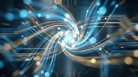 Abstract digital spiral with glowing blue and gold light trails creating dynamic motion blur effect on dark background for technology concepts.