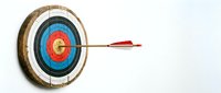 Archery target with arrow hitting bullseye on white background. Business success, goal achievement and precision concept for marketing materials.