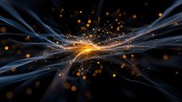 Abstract light rays and glowing particles burst with orange and blue energy streams against dark background, creating dynamic motion effect.