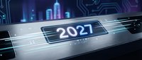 Futuristic digital interface displaying 2027 year with glowing neon lights and circuit board patterns against dark blue technology background for presentations.