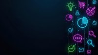 Neon business icons glowing on dark background with copy space for marketing presentations and digital commerce designs.