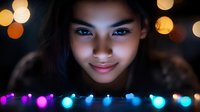 Young Asian woman smiling with glowing string lights creating magical bokeh effect in foreground, face illuminated by warm ambient lighting against dark background.