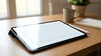 Digital tablet displaying spreadsheet data on wooden desk with coffee cup and plant in bright office workspace for business productivity.
