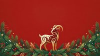 Decorative golden goat with ornamental swirls stands among festive evergreen garland, gold accents and berries on red background for holiday designs.